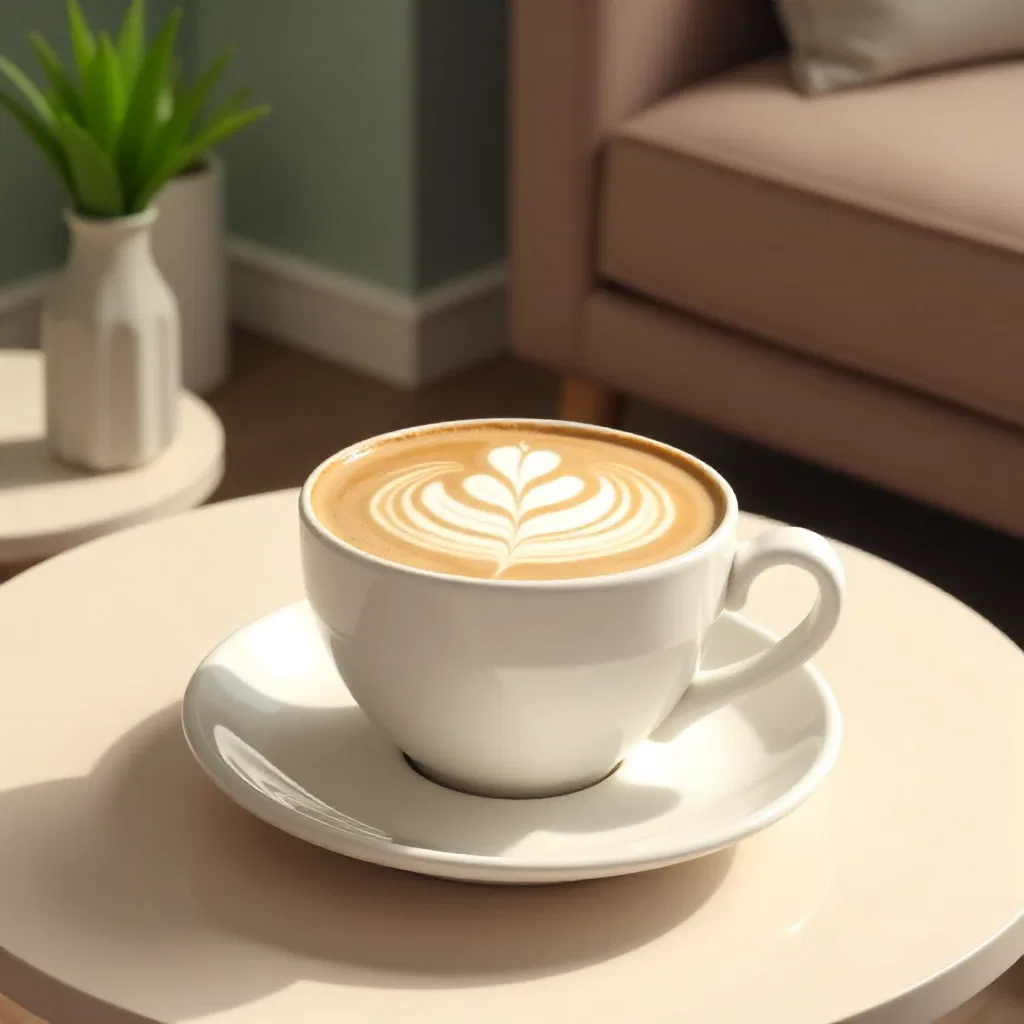 Latte cu o inimă desenată în spumă, pe o masă de lemn într-o cafenea